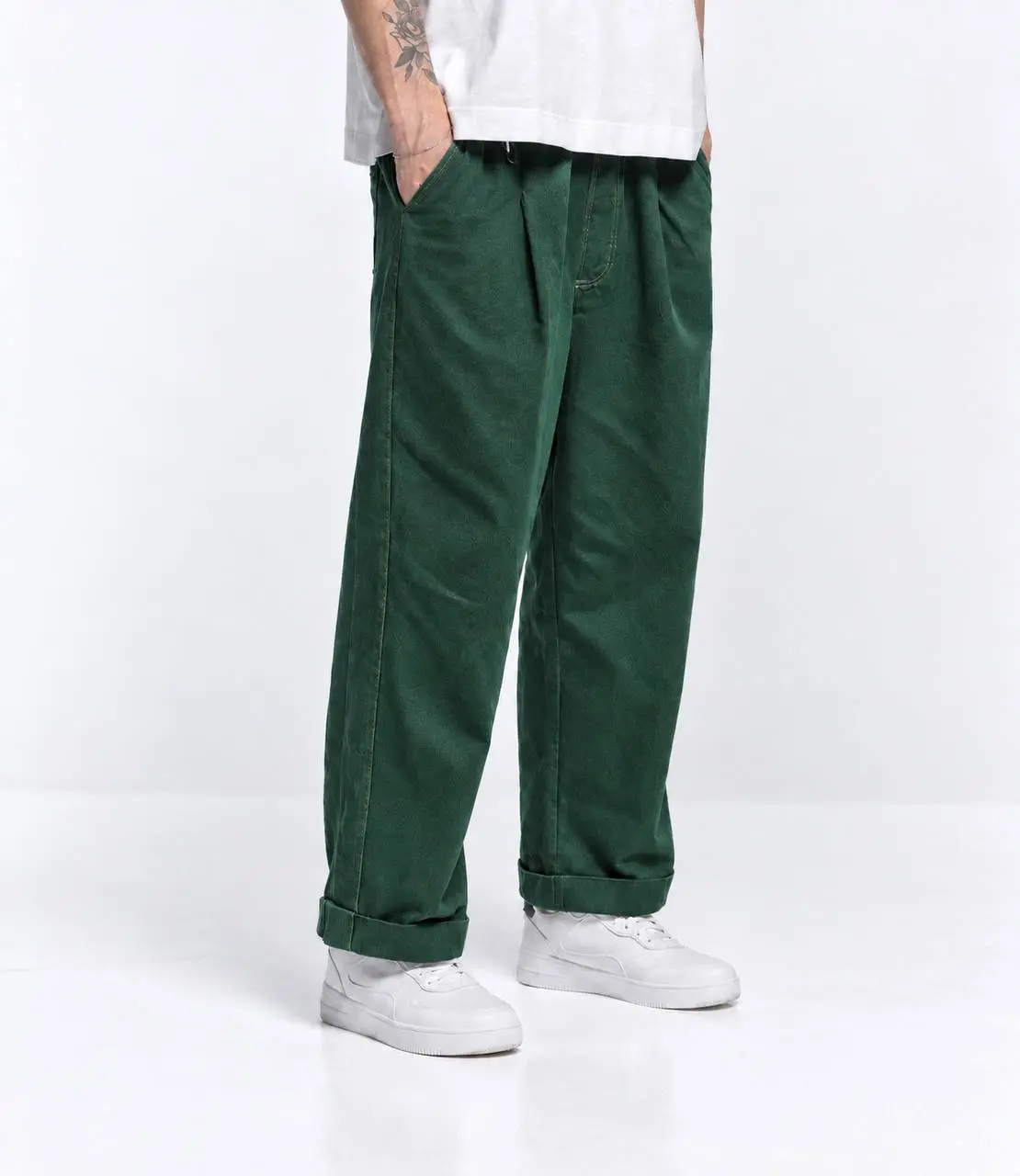 Wide Cotton Pant, Dark Green